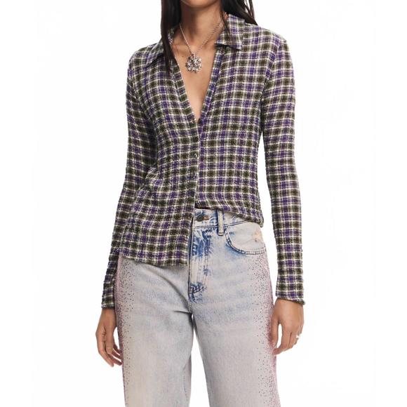NEW DESIGUAL violeta long sleeve button down shirt in purple - Picture 1 of 3